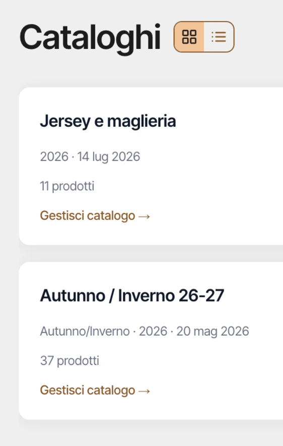 Elenco cataloghi in FabricHub con numero di prodotti e stagione