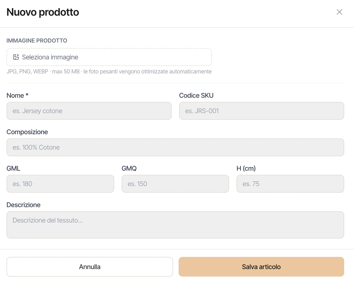 Scheda Nuovo prodotto: nome, codice SKU, composizione, GML, GMQ e altezza