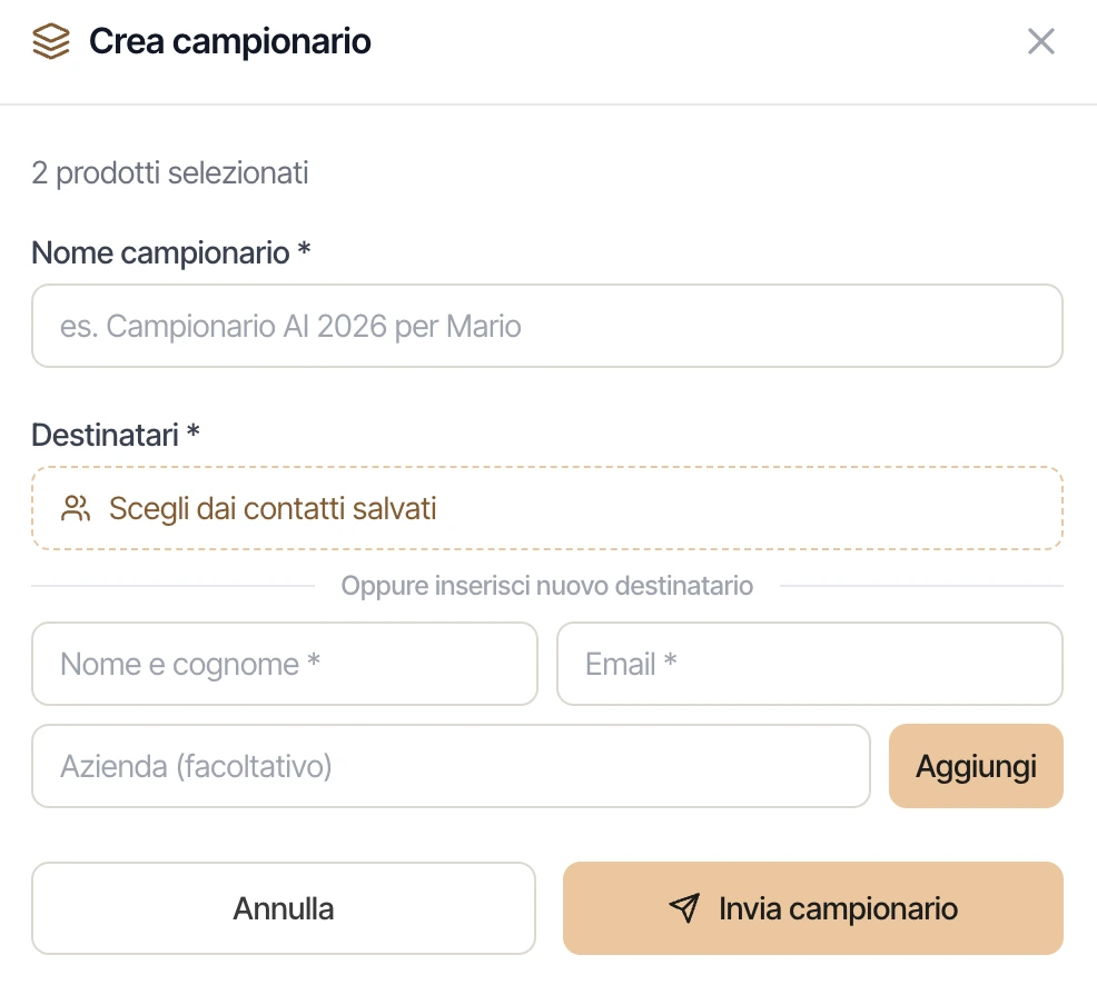 Creazione di un campionario con selezione dei prodotti e dei destinatari