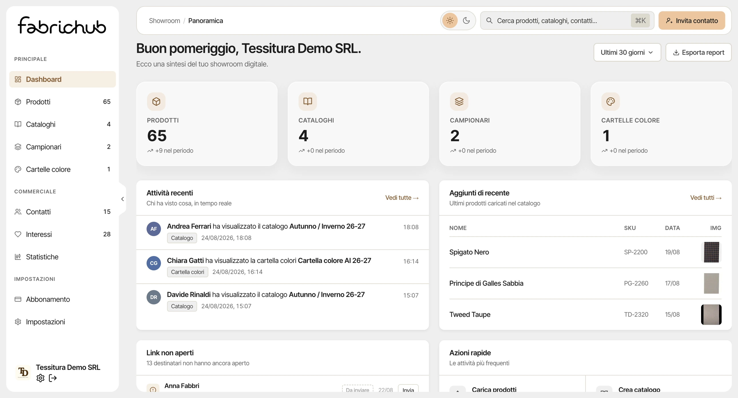 Dashboard di FabricHub con prodotti, cataloghi, campionari e attivita recenti