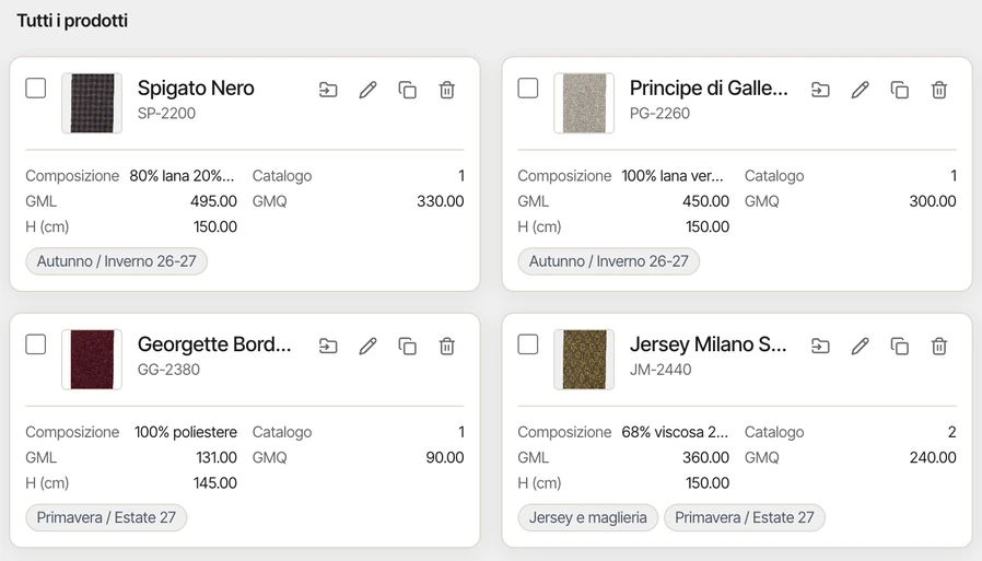 Schede prodotto con composizione, GML, GMQ e altezza del tessuto